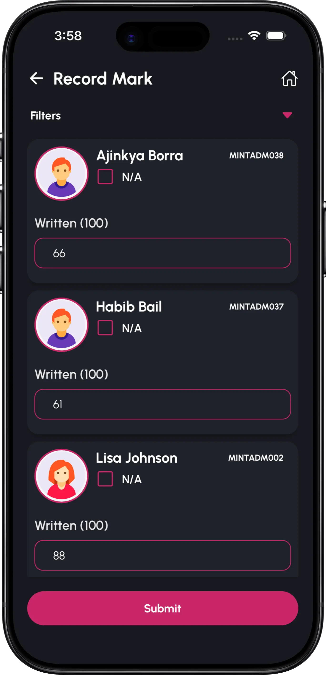 InstiKit Record Marks screen