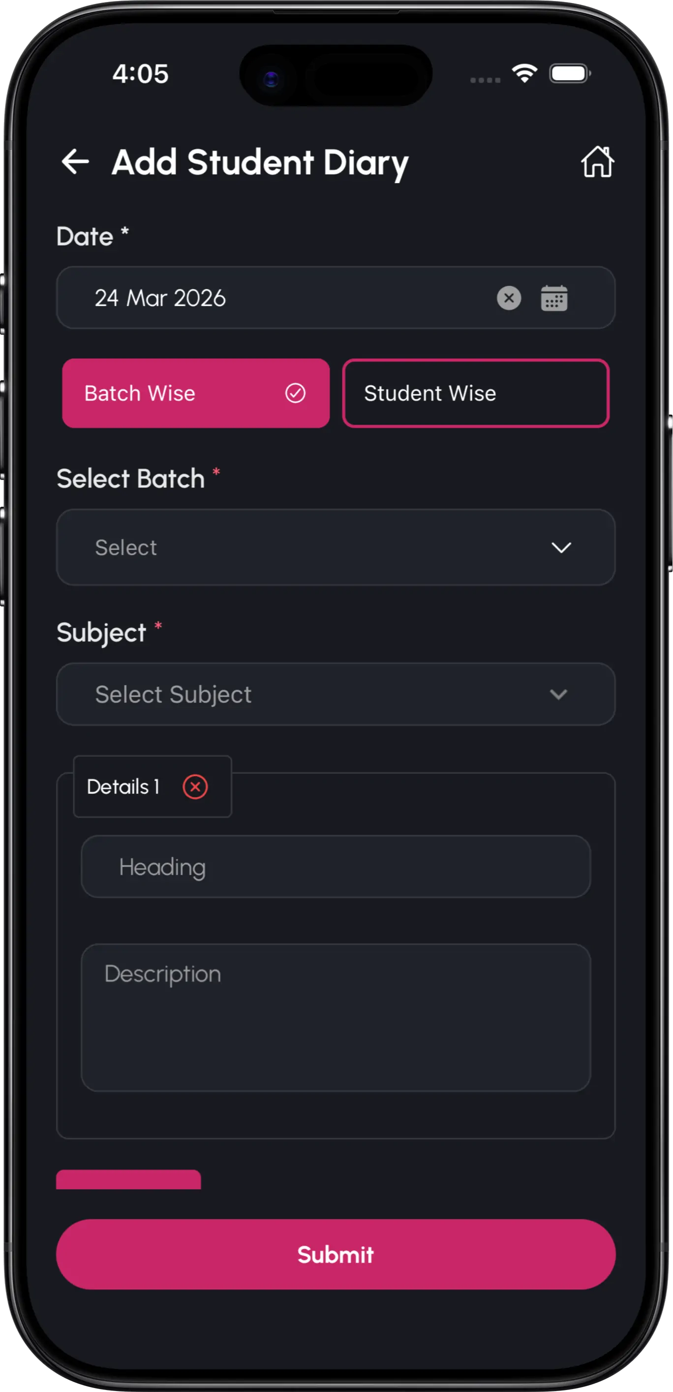 InstiKit Diary Form screen