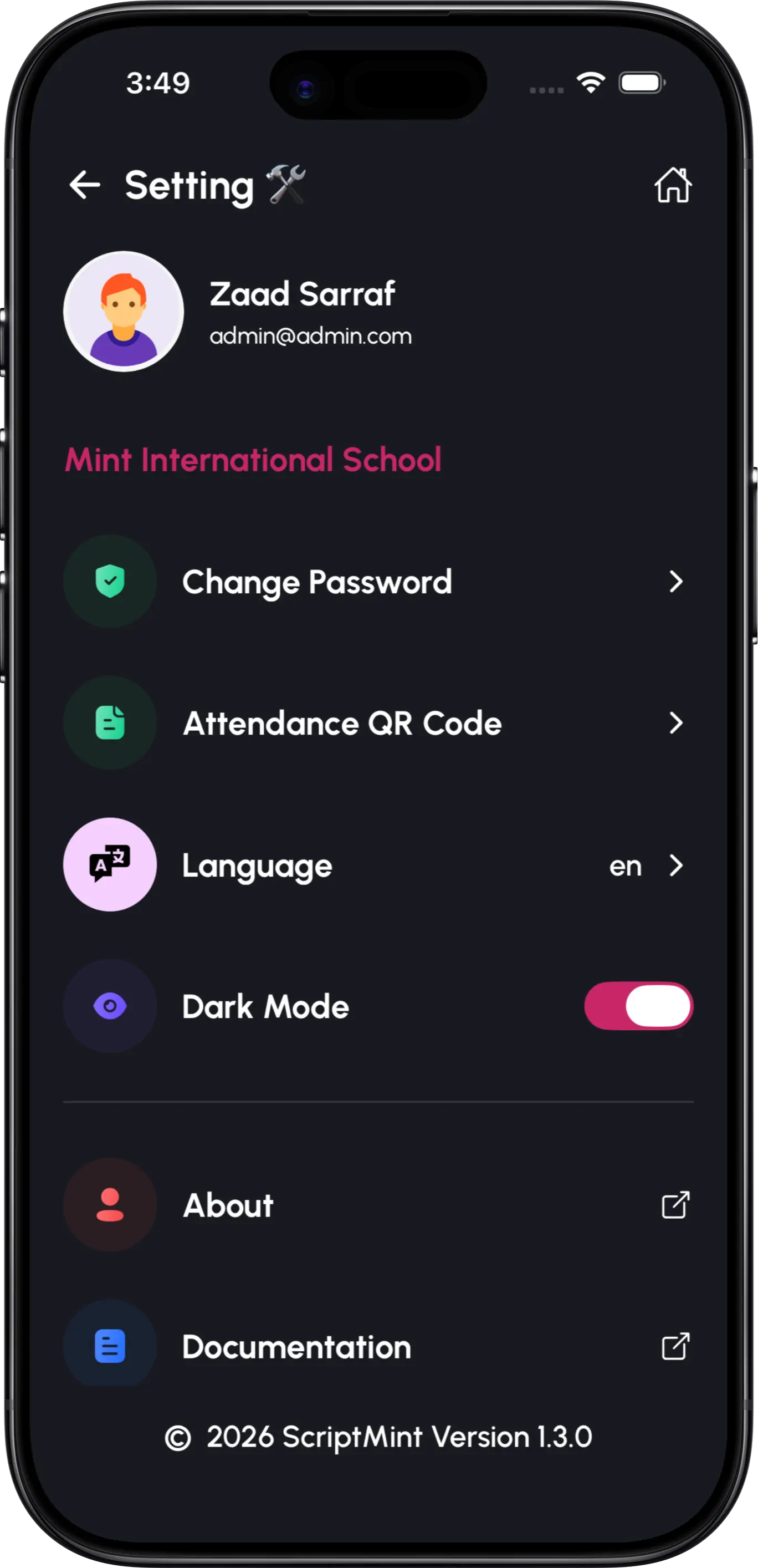 InstiKit Setting screen
