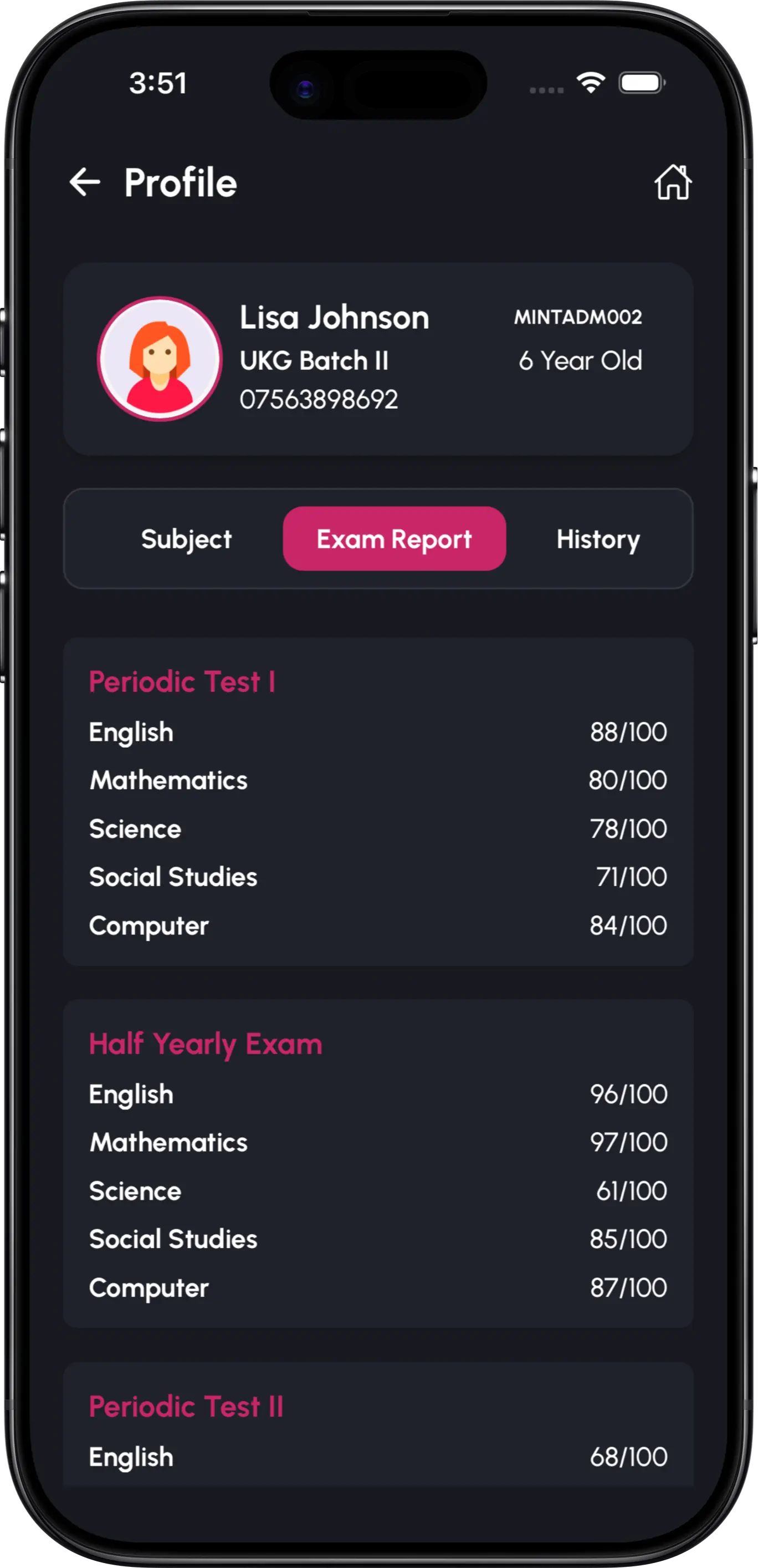 InstiKit Exam Marks screen
