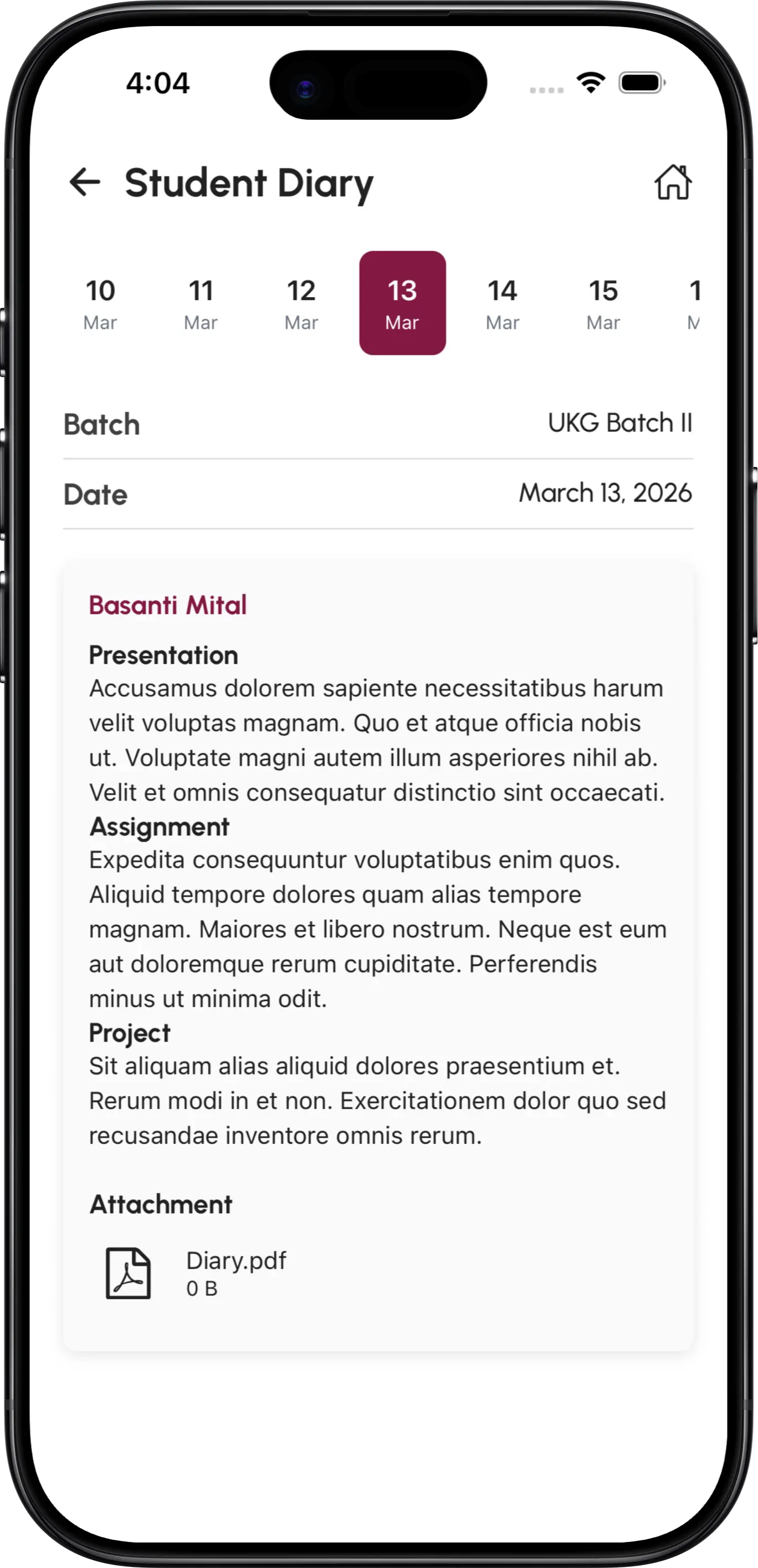 InstiKit Student Diary screen