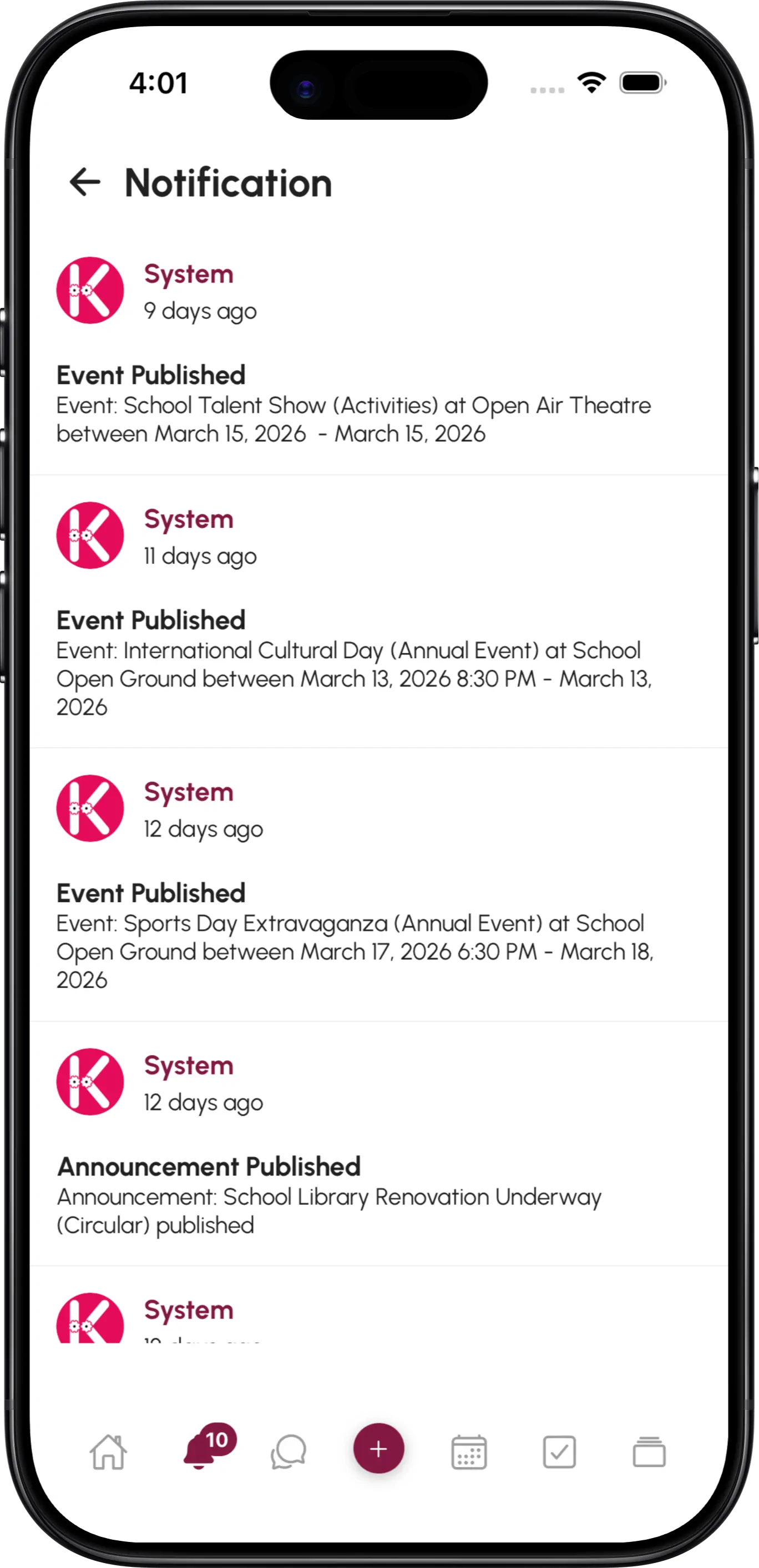 InstiKit Notification screen